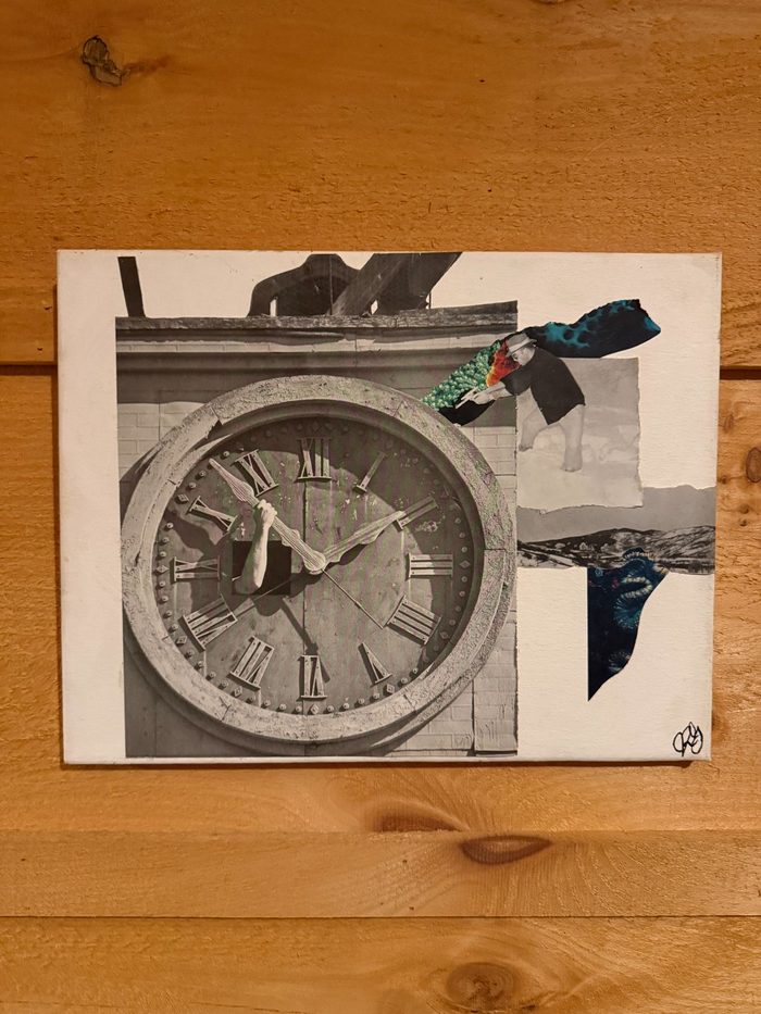 Collage of a clock tower face with a hand on the hour hand